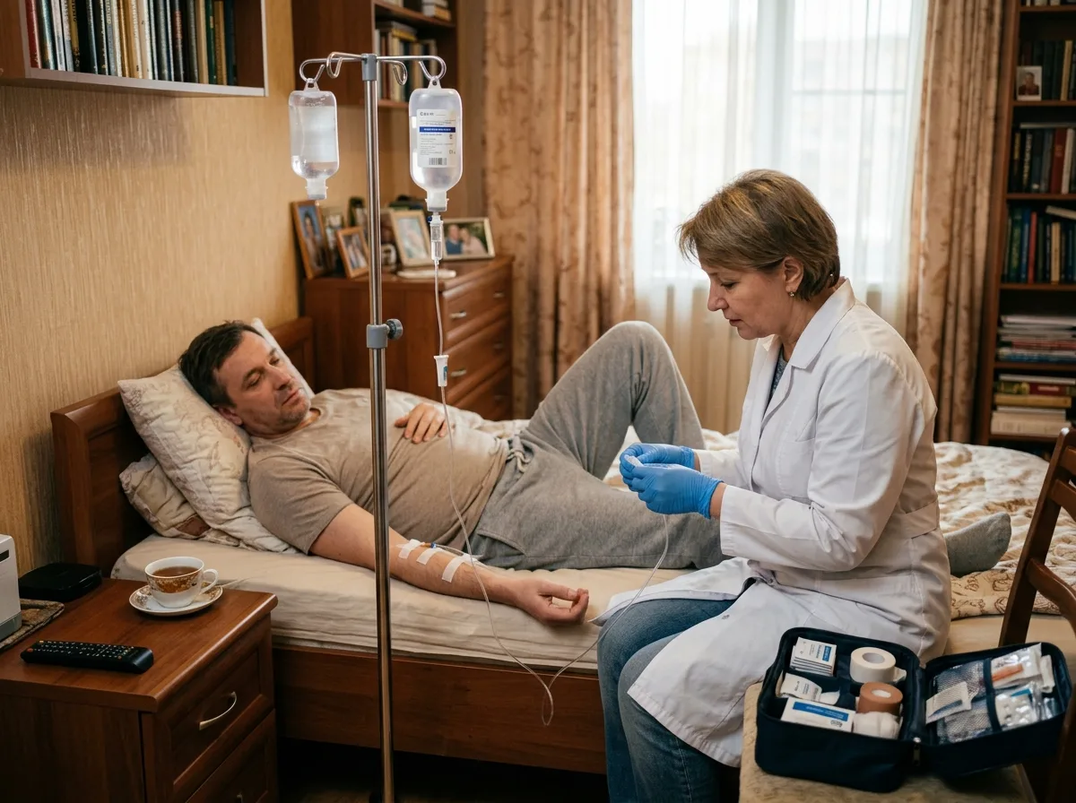 Врач-нарколог проводит капельницу пациенту в домашних условиях, вывод из длительного запоя, уютная квартира, профессиональная медицинская обстановка