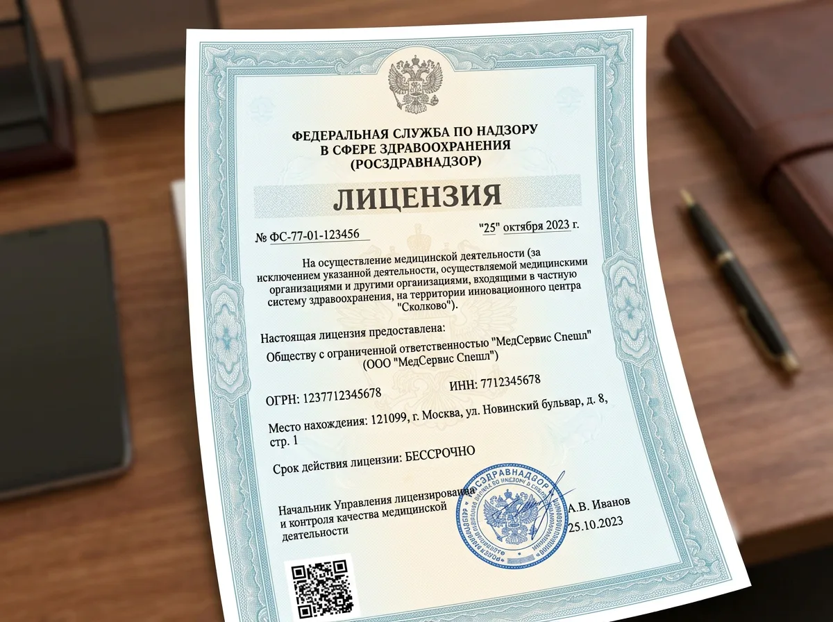 Лицензия Росздравнадзора на осуществление медицинской деятельности ООО МедСервис Спешл, официальный документ с печатью