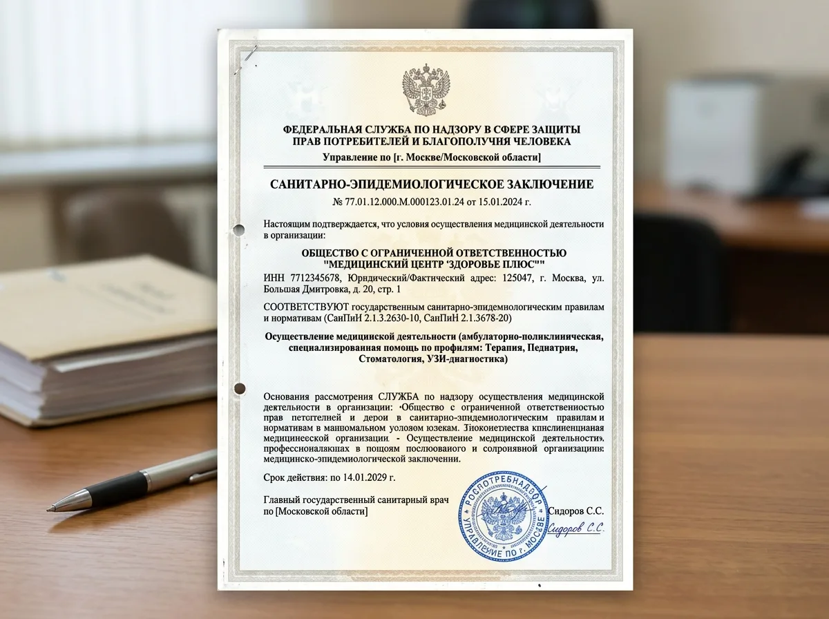Санитарно-эпидемиологическое заключение Роспотребнадзора для медицинской организации, официальный документ с печатью